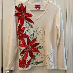 Jack B Quick Embroidered Beaded Applique V-Neck Holiday Poinsettia Sweater Small